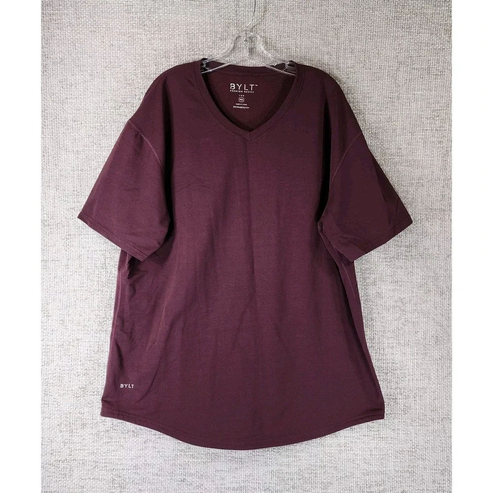 BYLT V-Neck Lux Tee Shirt Mens XXL Burgundy Short Sleeve Performance Gym Nice
